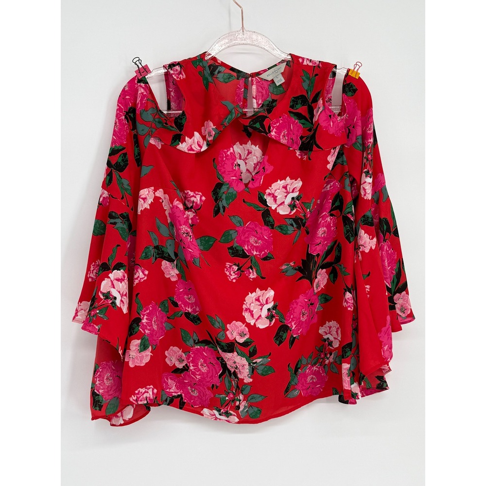 Belle Sky Women's Red Floral Cold Shoulder Keyhole Neck Blouse Top